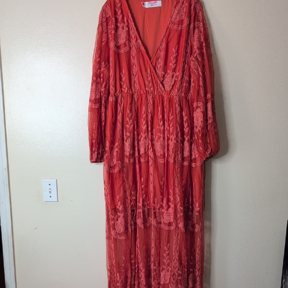Southern Fried Chics Orange Lace Maxi Dress 3XL Flowy embroidered V-neckline